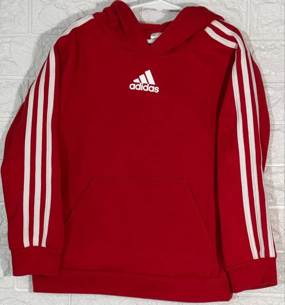 Adidas Kids Size 7 Red 3-Stripes Fleece Pullover Hoodie Kangaroo Pocket